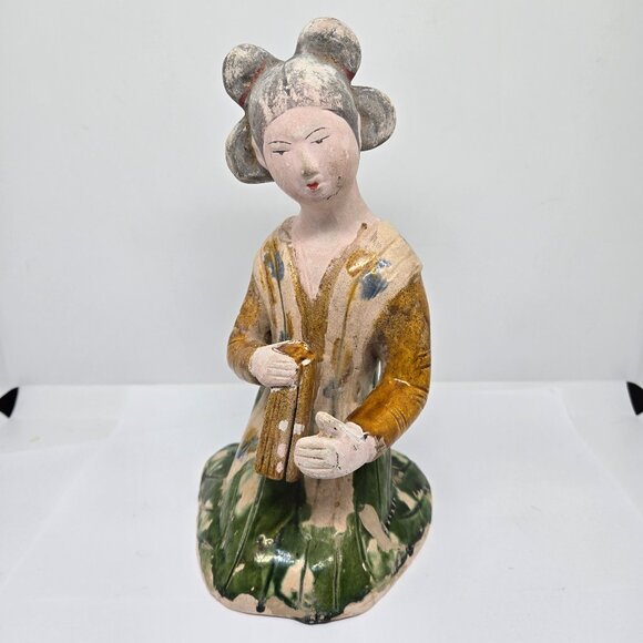 Antique Hand Painted Chinese Woman Terracotta Figurine Kneeling, Clapper, Signed
